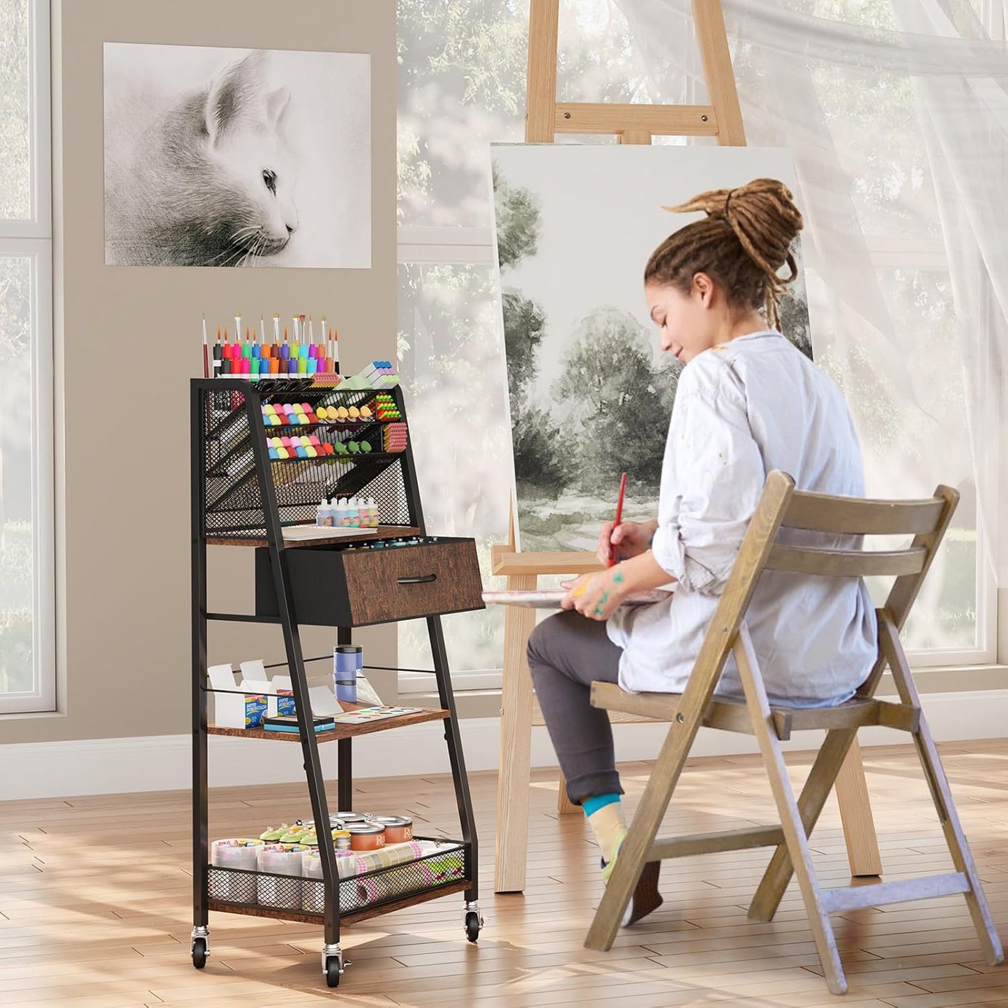 3 Tier Rolling Cart - Metal Utility Cart with Storage Drawer and Wheels, Versatile Art & Craft Organizer for Home, Office, or Studio - Ideal for Storing Brushes, Paints, and Supplies