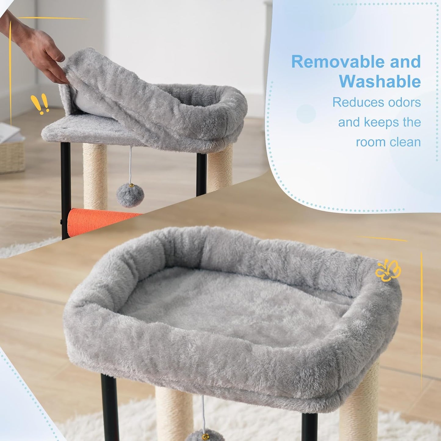 Hey-brother Cat Tree, Cat Scratching Posts with Bed, Sturdy Tower with Fully Sisal-Wrapped Columns and Plush Toy Ball for Indoor Kittens, 18.9 inches, Light Gray MPJ010SW