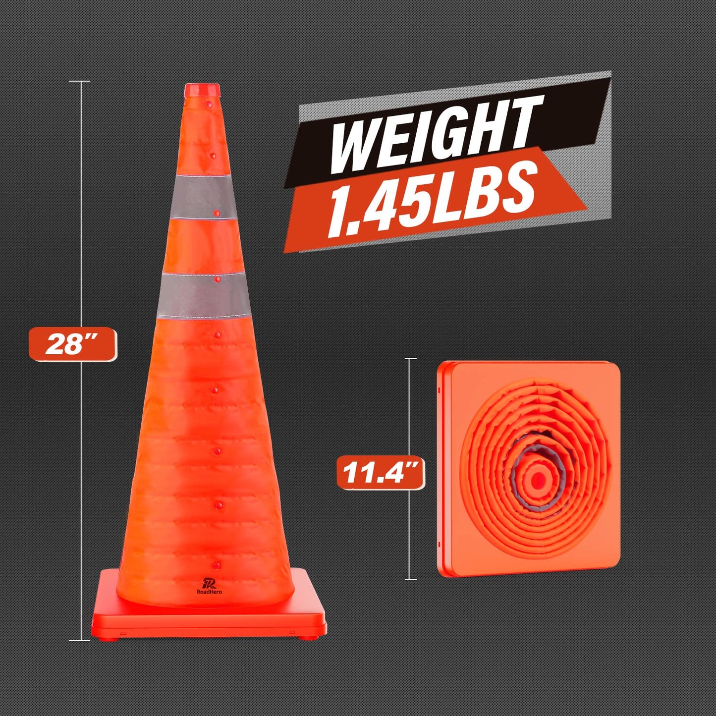 RoadHero 28 Inch 4 Pack Collapsible Traffic Safety Cones, Multi Purpose Pop-up Cones with Reflective Collar for Road Safety, Orange Cones for Driving Training, Parking Lots