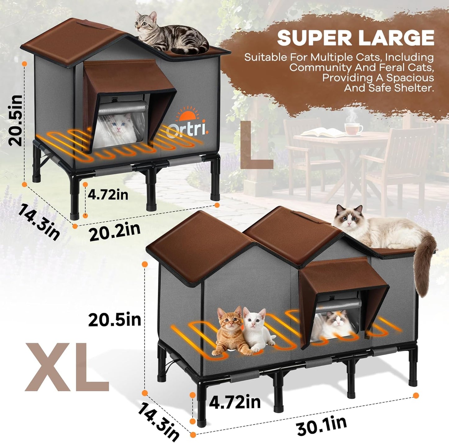 Outdoor Heated Cat House for Outside: Winter Insulated Weatherproof 30"×14"×20" Shelter with Extra Large Elevated Warm Heater and Waterproof Heating Bed for Multiple Feral Kitties Small Pets for Barn