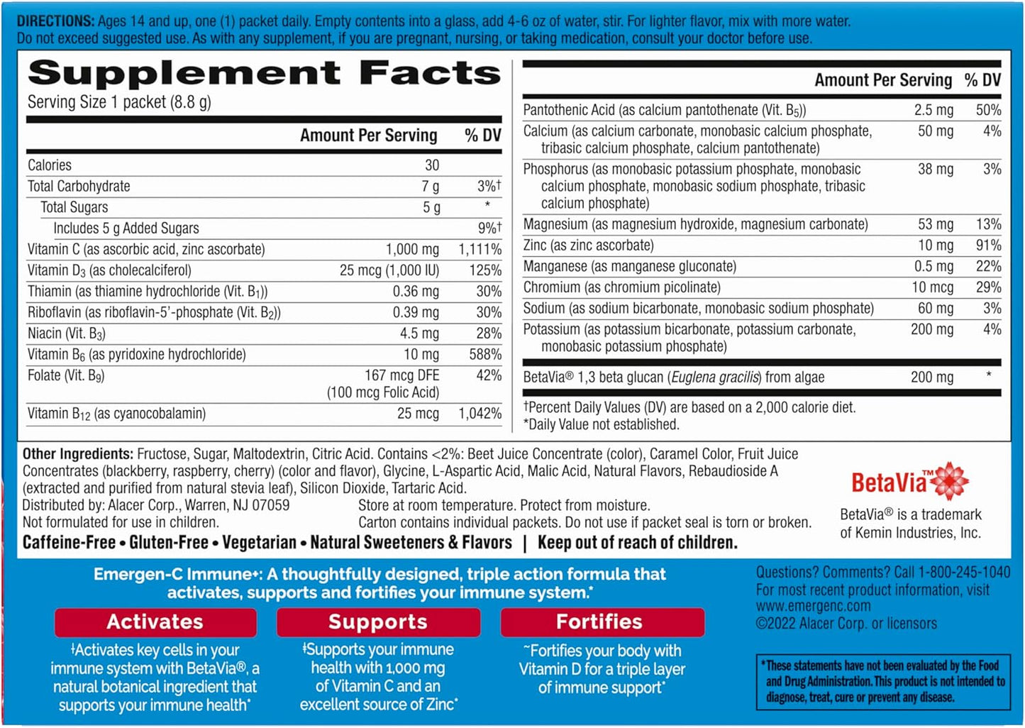 Emergen-C Immune+ Triple Action Immune Support Powder, BetaVia (R), 1000mg Vitamin C, B Vitamins, Vitamin D and Antioxidants, Raspberry – 30 Count