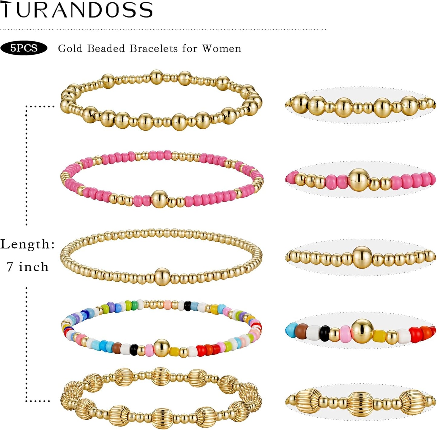 Turandoss Gold Beaded Bracelets for Women Girls - Dainty 14K Gold Plated Turquoise Cross Bead Bracelet Pearl Bracelets Set for Women Heishi Clay Beaded Bracelet Jewelry Gifts for Her