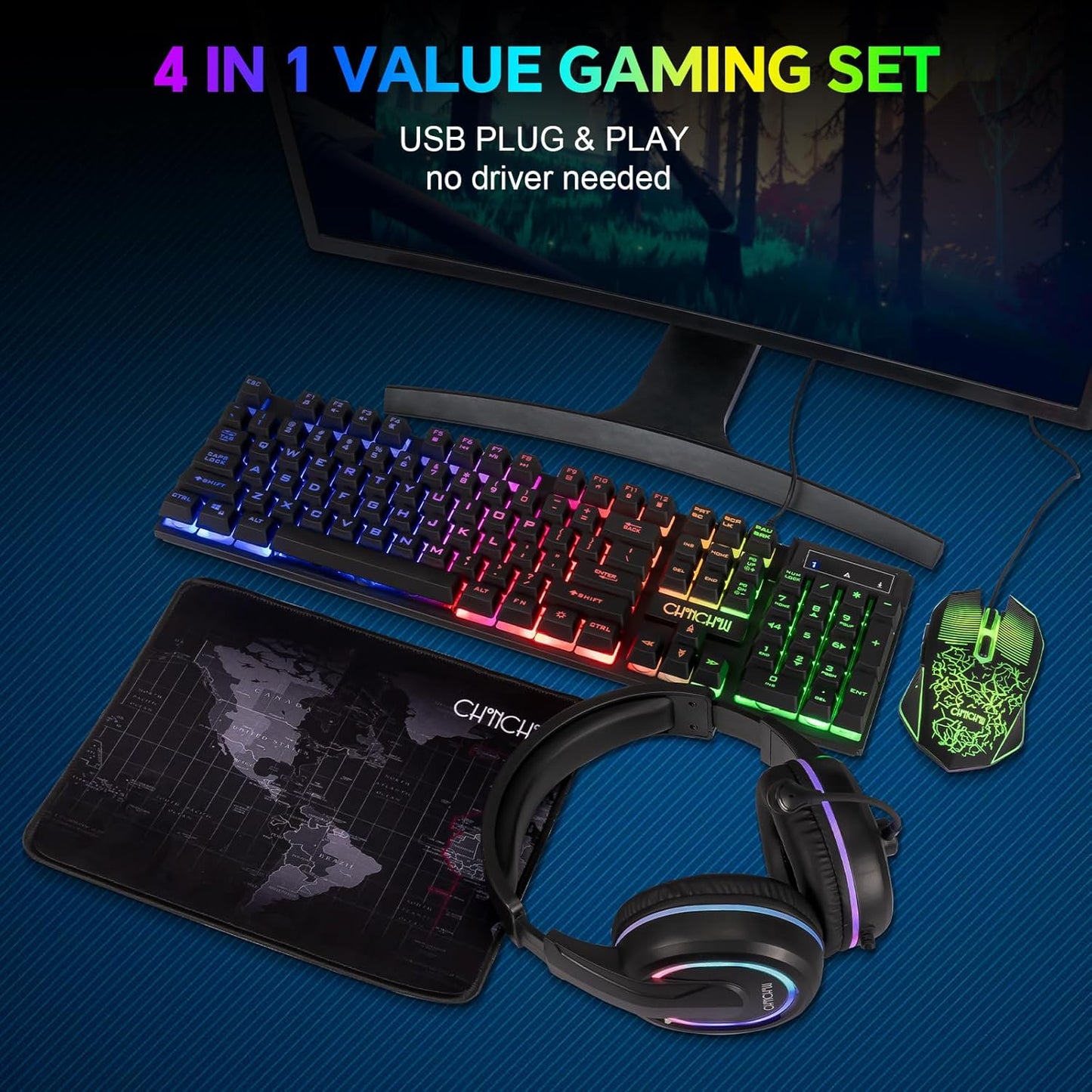 Gaming LED Keyboard Mouse Headset and Mousepad Bundle, CHONCHOW Wired Rainbow LED Light Up Gaming Keyboard Mouse Headset, Value 4 in 1 Game Set for Xbox PS4 PS5 PC Laptop Gamer