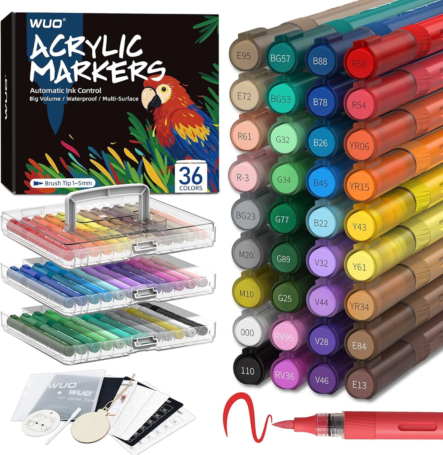 WUO 36 Colors Acrylic Paint Markers, Water-Based No-Bleed Markers, Automatic Ink Control Brush Tip for Multi-Surface Acrylic Paint Pens for Rock Painting, Wood, Canvas, Glass, DIY Art