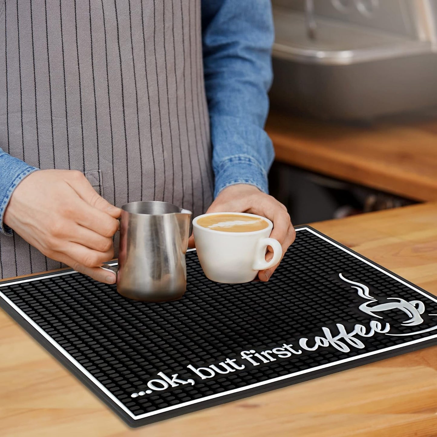 New Mungo Coffee Bar Mat – “Ok But First Coffee” – Spill-Proof PVC Coffee Station Mat, Non-Slip Countertop Protector 18"x12"