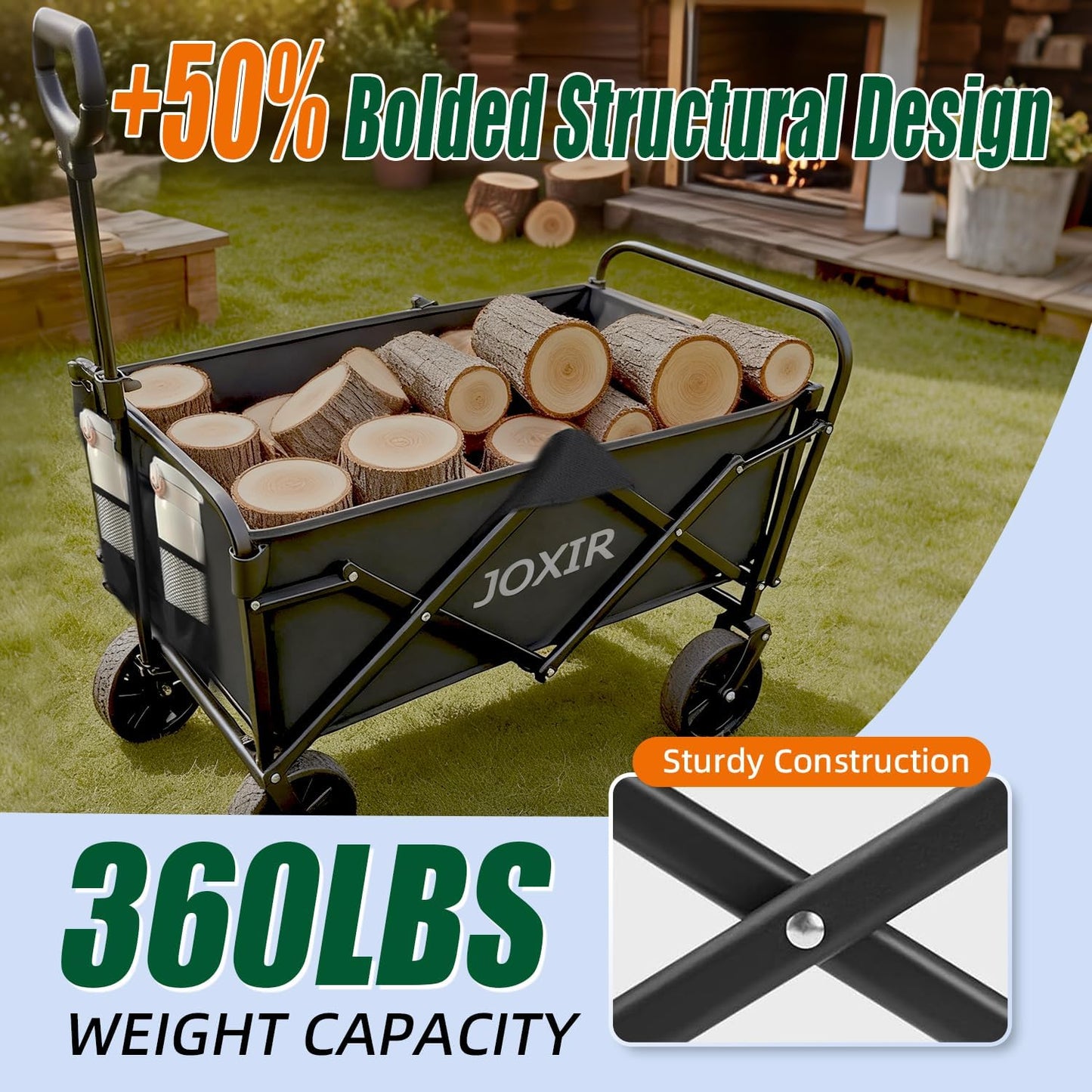 Collapsible Wagon Cart Foldable 120L 360lbs Capacity, Lightweight Portable Beach Wagon, Shopping Carts with Wheels for Grocery, Camping, Shopping, Garden Cart