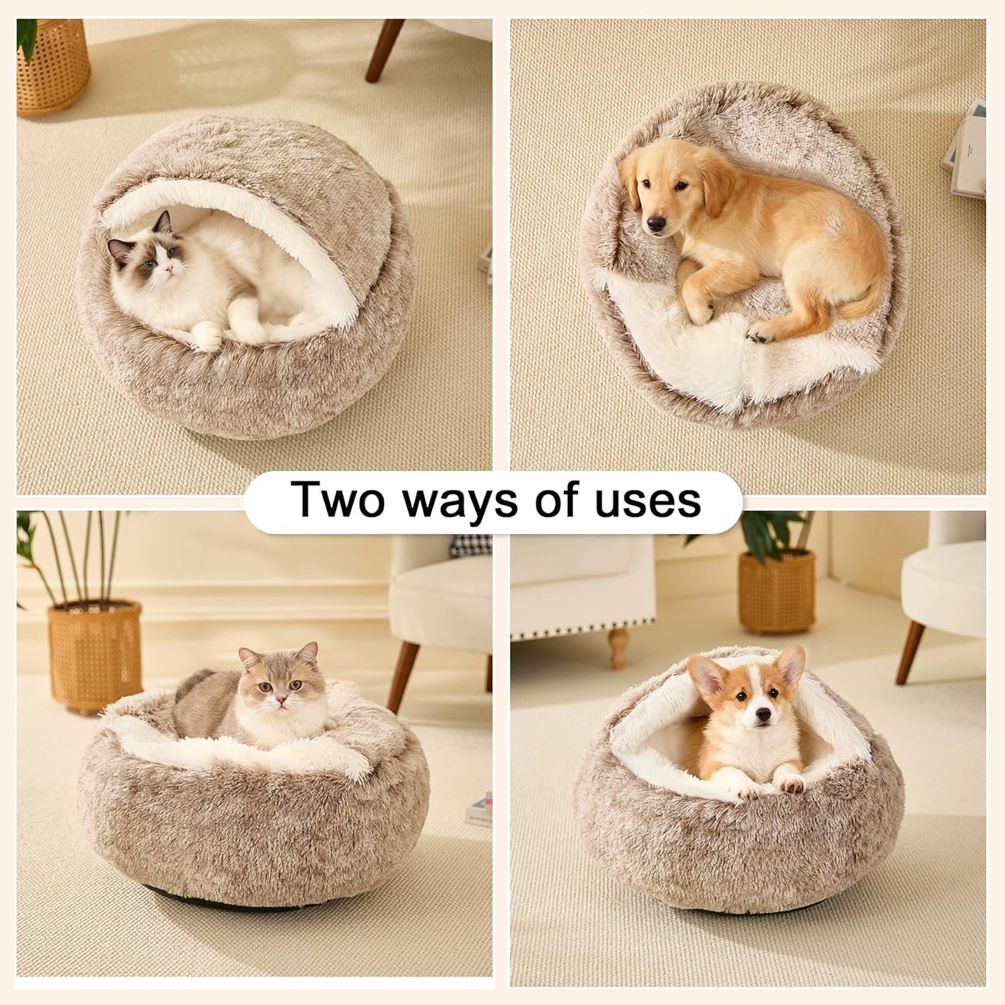 Calming Dog Beds & Cat Cave Bed with Hooded Cover,Removable Washable Round Beds for Small Medium Pets,Anti-Slip Faux Fur Fluffy Coved Bed for Improved Sleep,Fits up to 15/25 lbs(Medium,24"x24")