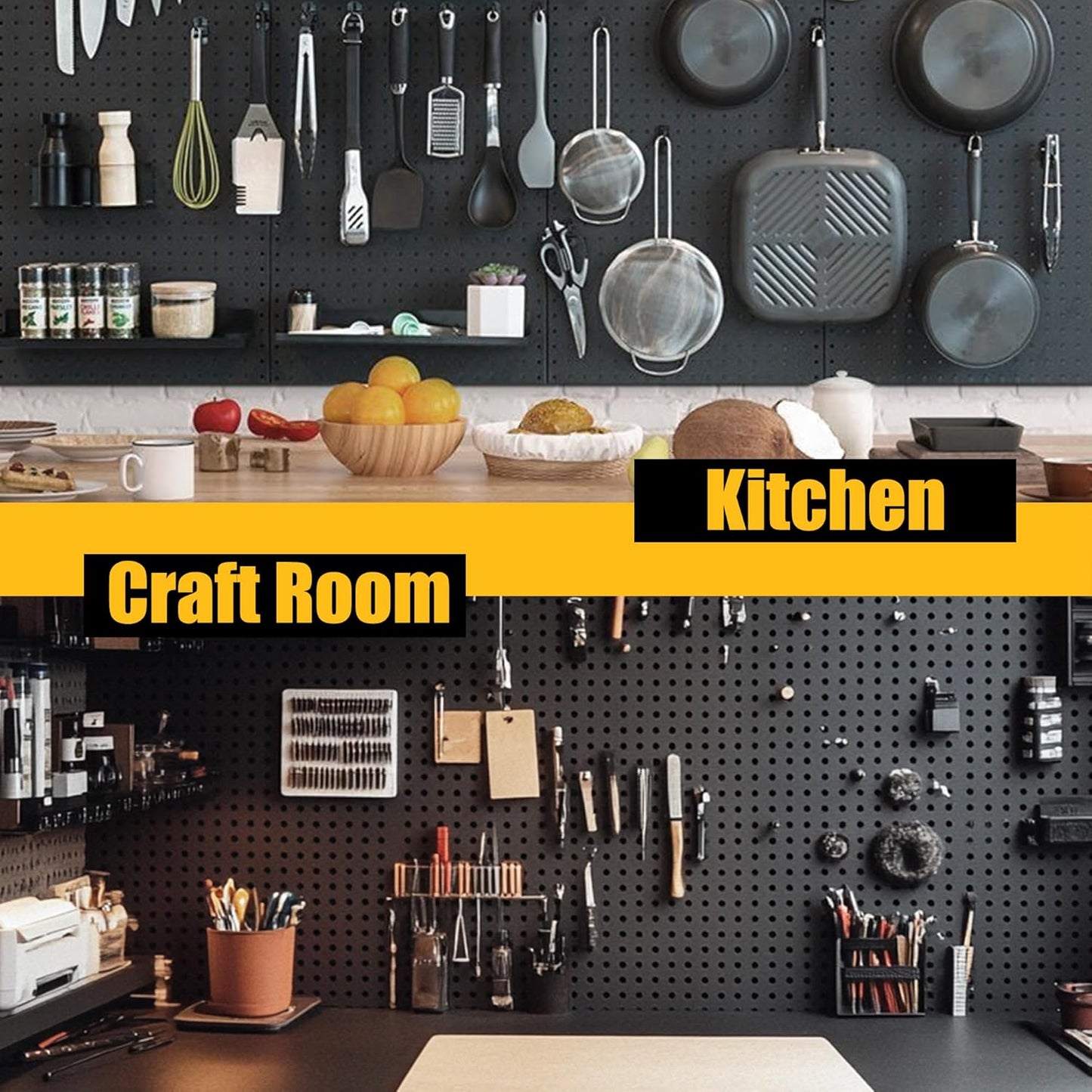 Peg Board, 4 Pack Metal Pegboard Panels with 50 Hooks, Black Pegboards Wall Organizer, Heavy Duty Peg Board for Walls Home, Garage Tool Storage, Office Organization, Craft Room, Kitchen