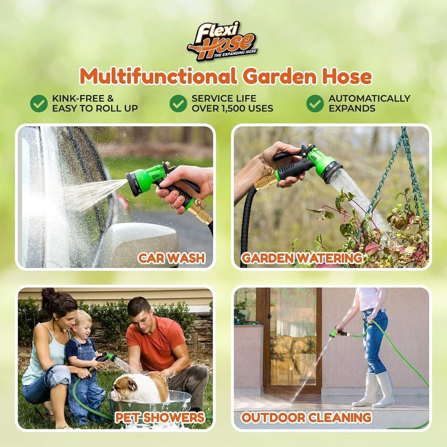 Flexi Hose PLUS with 8 Function Nozzle Expandable Garden Hose, Lightweight & No-Kink Flexible Garden Hose, 3/4 inch Solid Brass Fittings and Double Latex Core, 75 ft Black