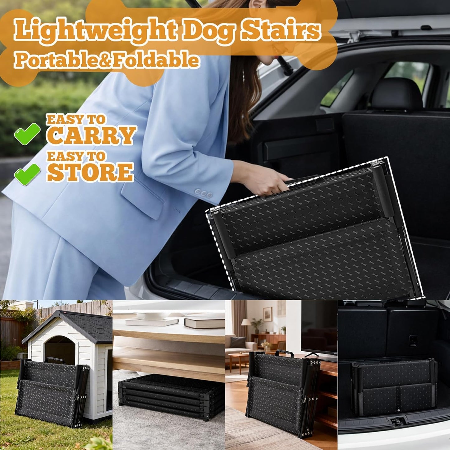 Extra Wide Dog Stairs for Car - Foldable 5-Step Non-Slip Pet Stairs for Home, Lightweight Dog Steps for Senior & Large Dogs to SUV, Truck, Bed - Supports 250 lbs
