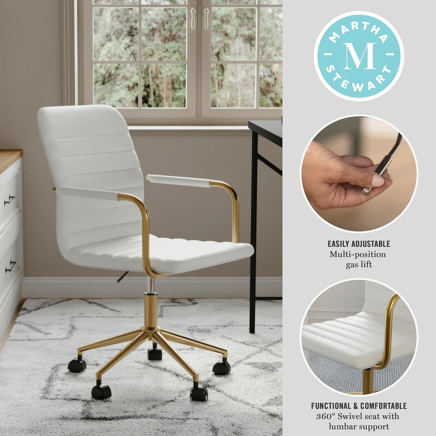 Martha Stewart Taytum Swivel Task Chair with Armrests for Home Office in White Faux Leather with Polished Brass Frame