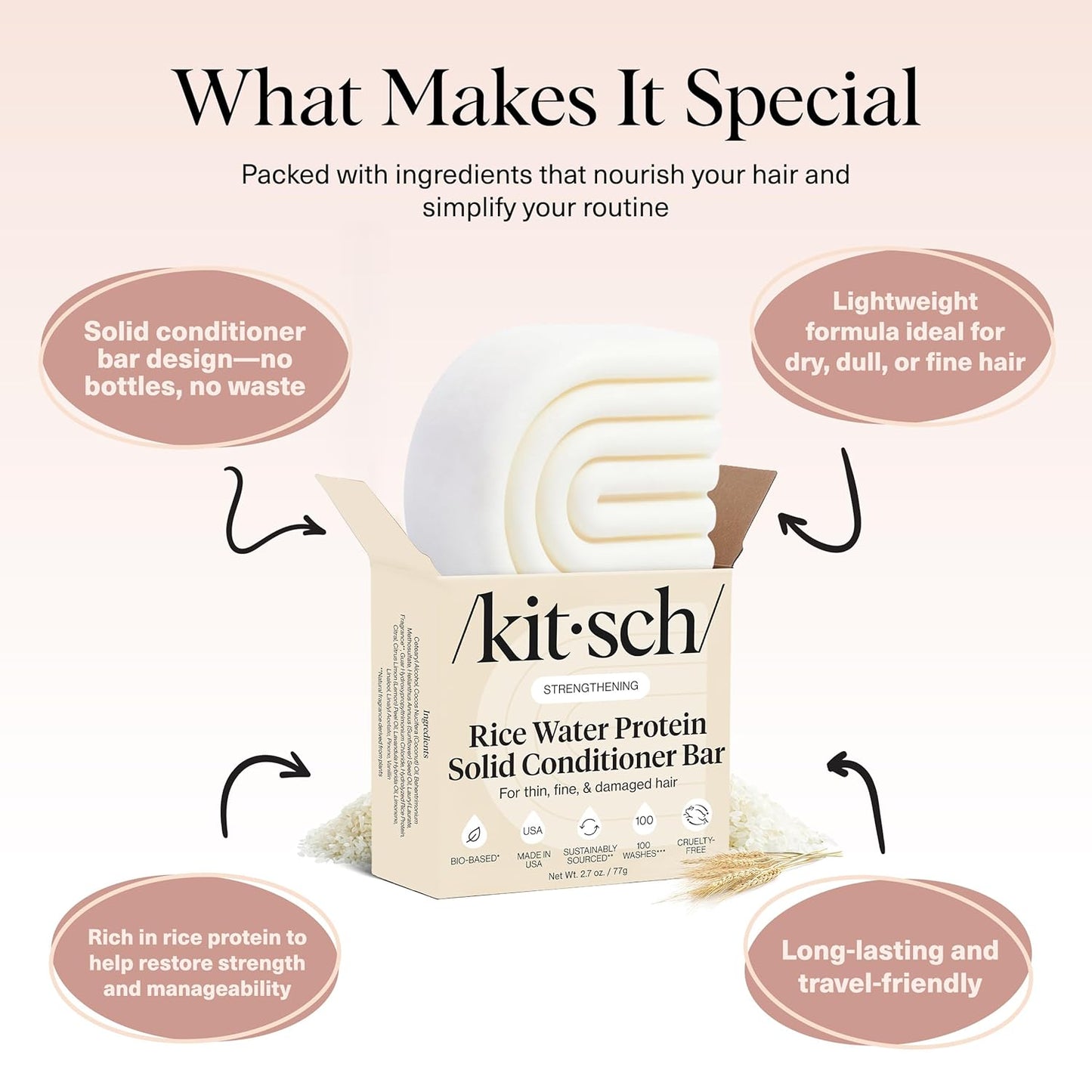 Kitsch Rice Water Conditioner Bar for Hair Growth – Rice Protein Hair Conditioner Bar to Repair Damage, Prevent Split Ends & Boosts Shine – Paraben, Silicone & Sulfate-Free Hair Care - 2.7 oz