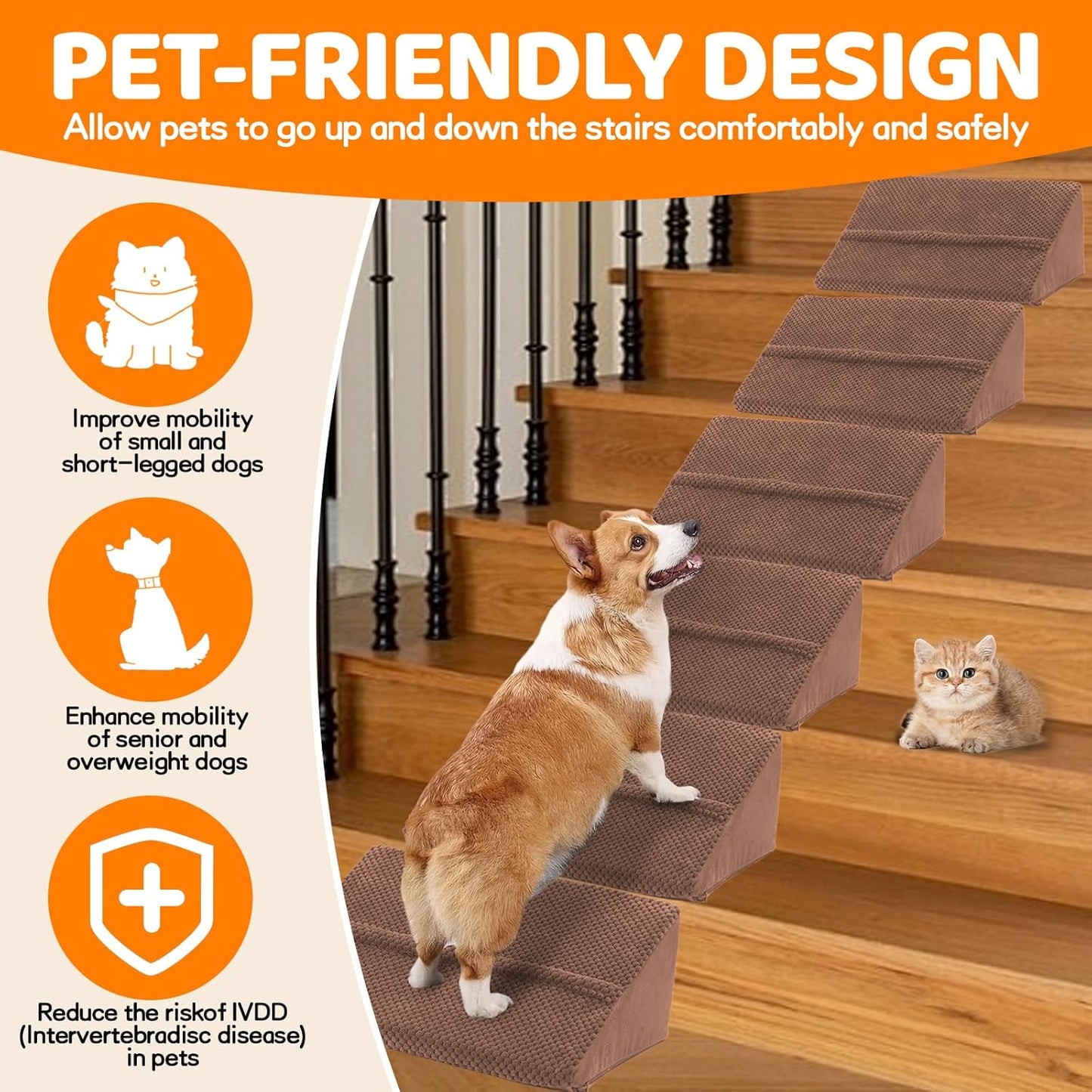 Upgrade Non-Slip Dog Ramps/Stairs for Staircase, Foam Dog Ramps for Stairs Inside House, Foam Pet Ramps for Small Dogs, Stair Ramp for Injured Dogs Cats with Self-Sticky Pads to Fix, 6 Pack