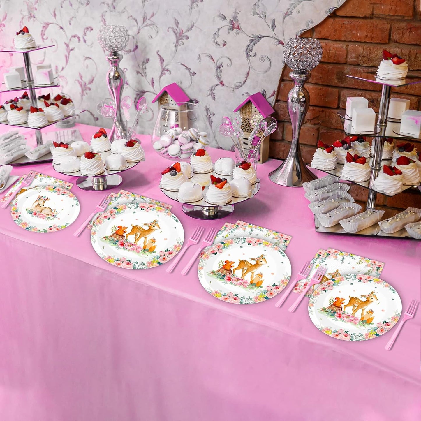 Tevxj 96PCS Woodland Baby Shower Tableware Set Girls Pink Safari Dinnerware Disposable Plates Woodland Party Plates Napkins Forks for Forest Animal Deer Flower Party Decorations Supplies 24 guests