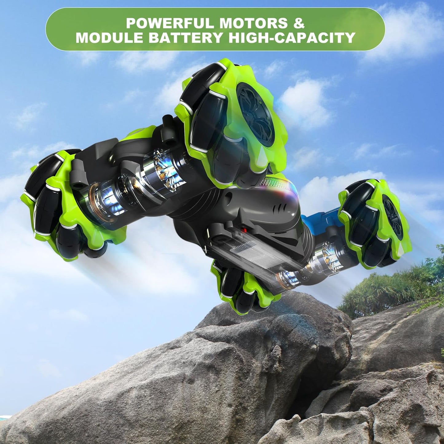 Gesture RC Car Green, 1:24 4WD Transform Off-Road Stunt Car with Gesture & Remote Control, 360° Flips Drift Vehicle with LED Lights Music, All Terrain Toy Cars Gifts for Boys Girls Age 6-12
