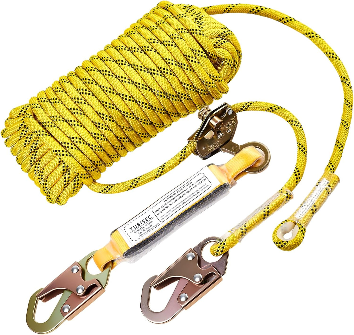 Rope Harness Safety Lanyard 100FT, Vertical Lifeline Assembly with Grab Snap Hooks Shock Absorber, Fall Protection Tree Climbing Lifeline Kit, Heavy Duty Roof Safety Equipment ANSI CE