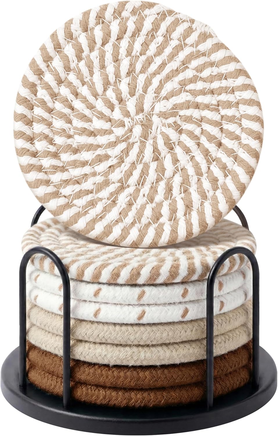 Coasters Set of 8 for Drinks, Beer, Coffee, Cotton Woven 4 Colors Absorbent Coaster with Holder, Boho Coasters for Home Decor Tabletop Protection Suitable for Kinds of Cups, Coffee