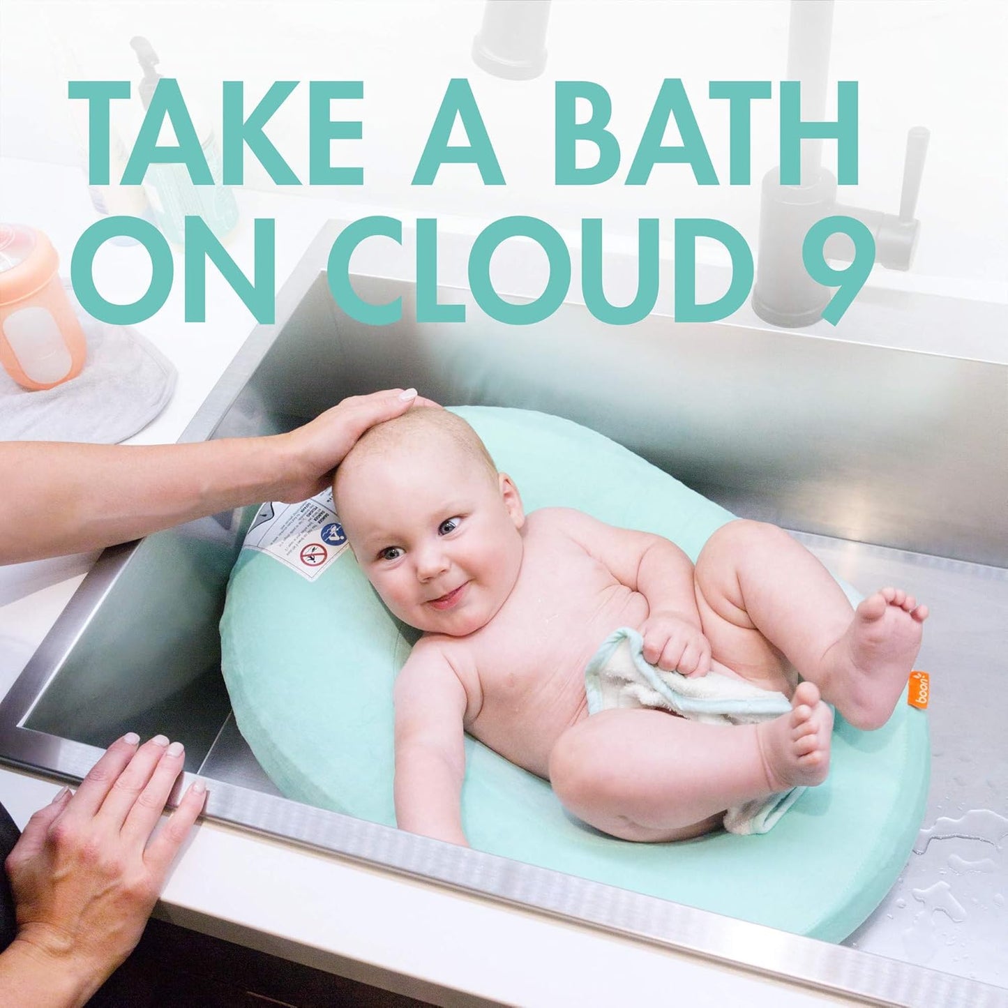 Boon Puff Inflatable Baby Bather - Infant Bathtub Includes Microfleece Cover and Contoured Sides – Inflatable Baby Bathtub for Newborns and Infants