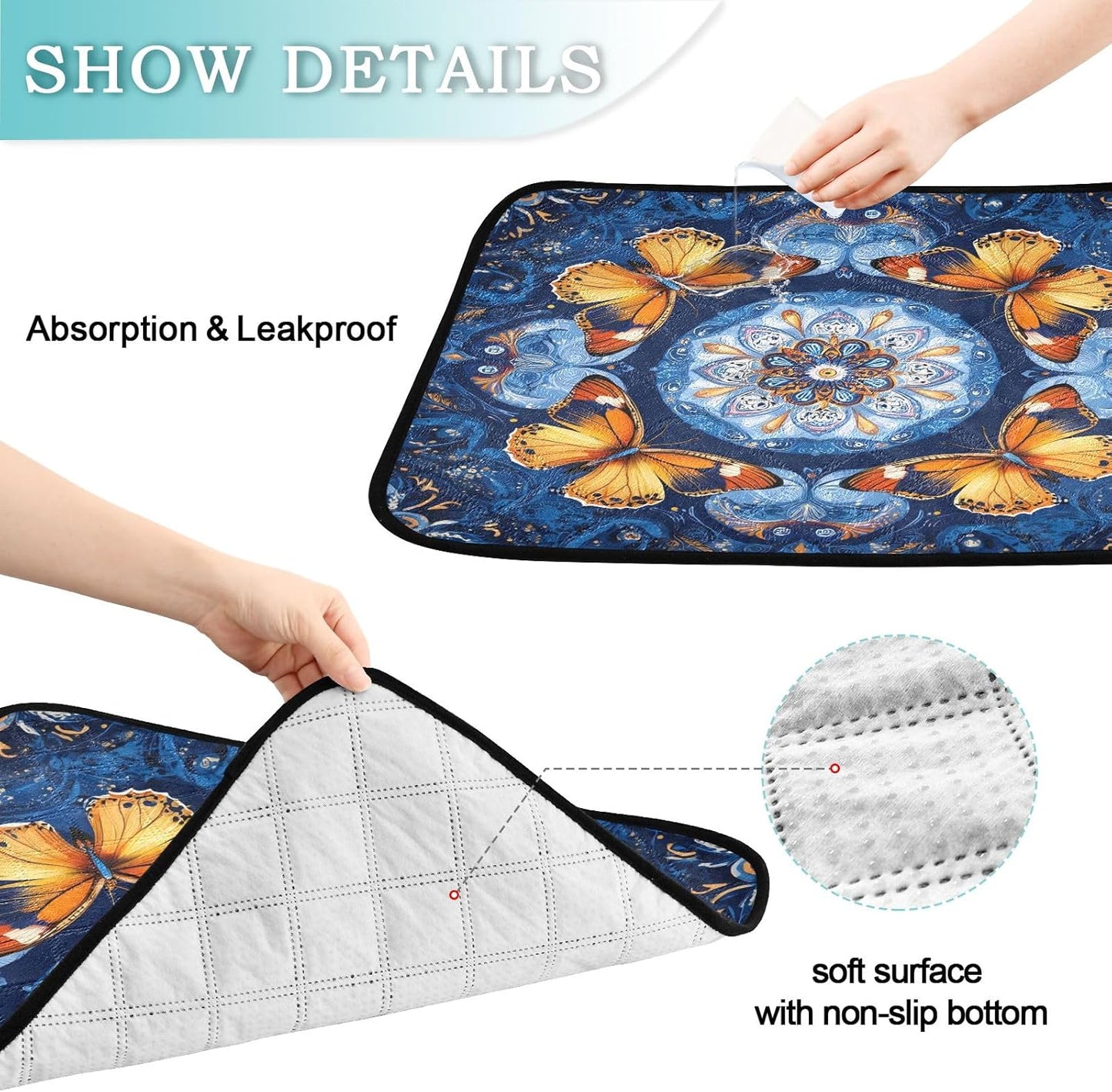Washable Pee Pads for Pets Yellow Butterfly Blue Mandala Reusable Cats and Dogs Mats