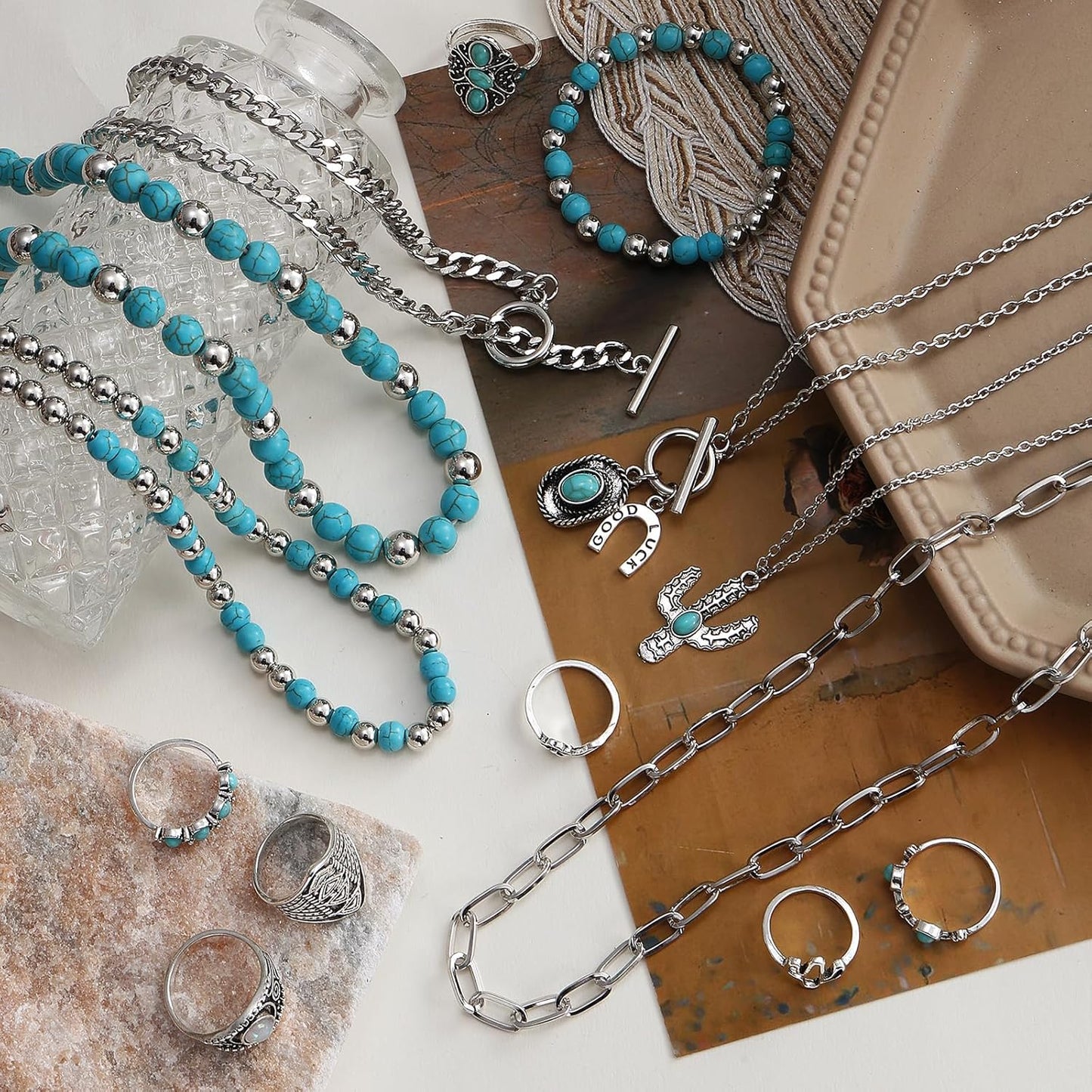 IFKM Bohemian Jewelry Set With Turquoise Necklace, Dangle Earrings, Stackable Bangle Bracelets, Knuckle Rings For Women Vintage Western Boho Turquoise Anniversary Birthday Friendship Gift
