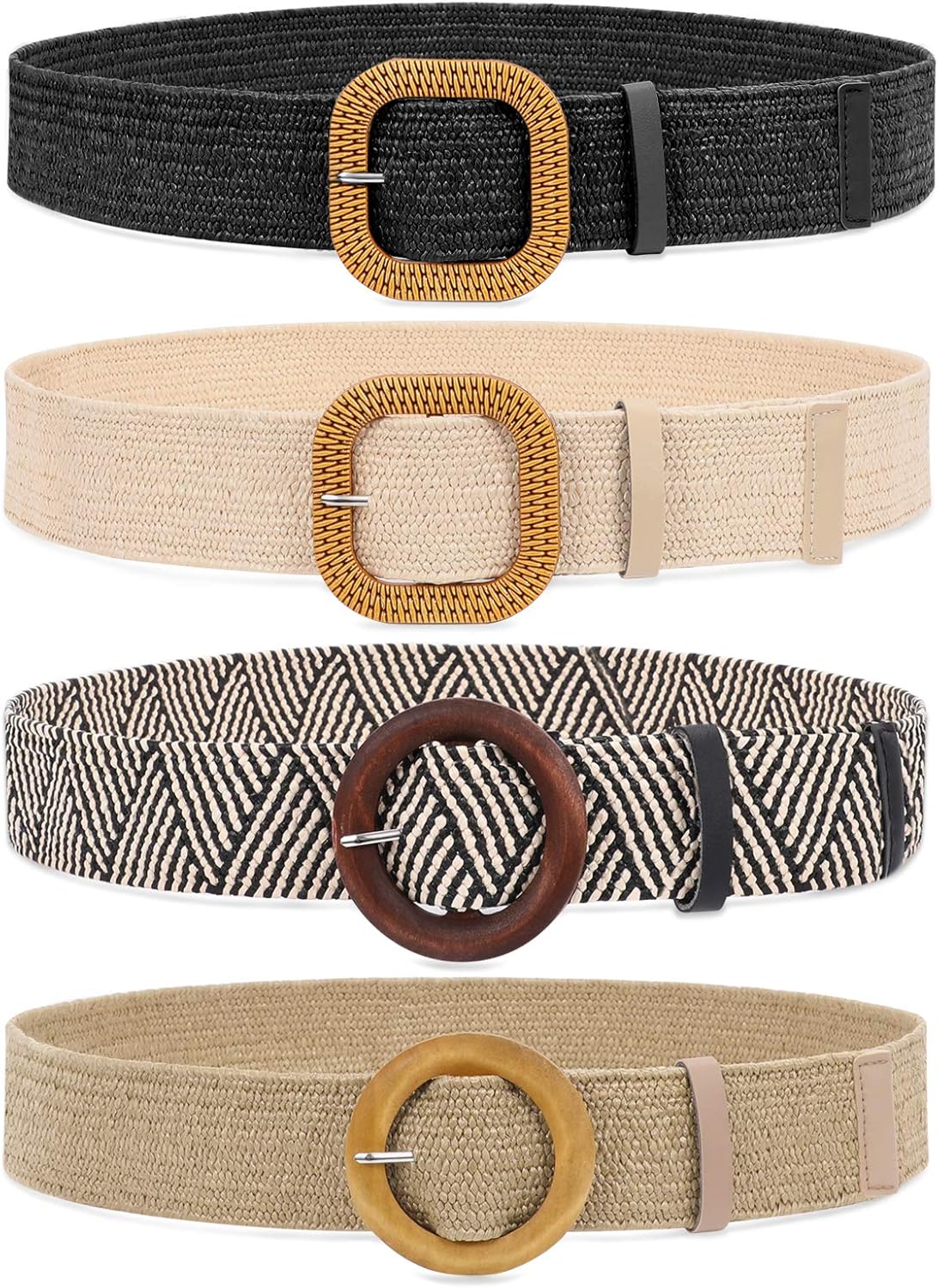 WHIPPY Set of 3/4 Straw Woven Elastic Stretch Waist Belts for Women, Fashion Boho Ladies Braided Skinny Dress Belt