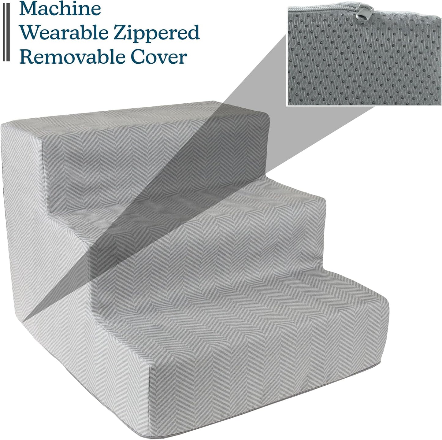 Dog Stairs for Small Dogs - 3-Step Dog Steps for High Bed and Couch - Pet Stairs with Nonslip Bottom, High-Density Foam, and Removable Washable Cover - Cat and Dog Furniture by PETMAKER (Light Gray)