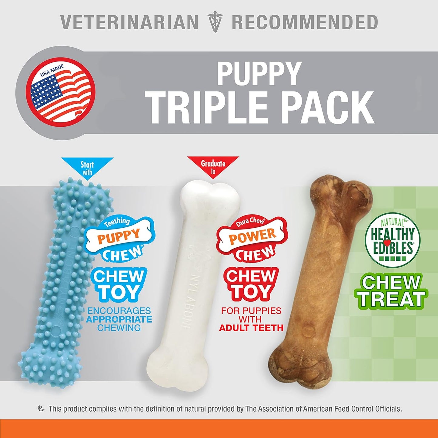 Nylabone New Puppy Starter Kit, Chew Toys & Natural Chew Treat for Puppies, Puppy Enrichment Teething Toys, Blue, Long Lasting Chicken & Bacon Flavor, Small Dogs - Up to 25 Ibs, 3 Pack