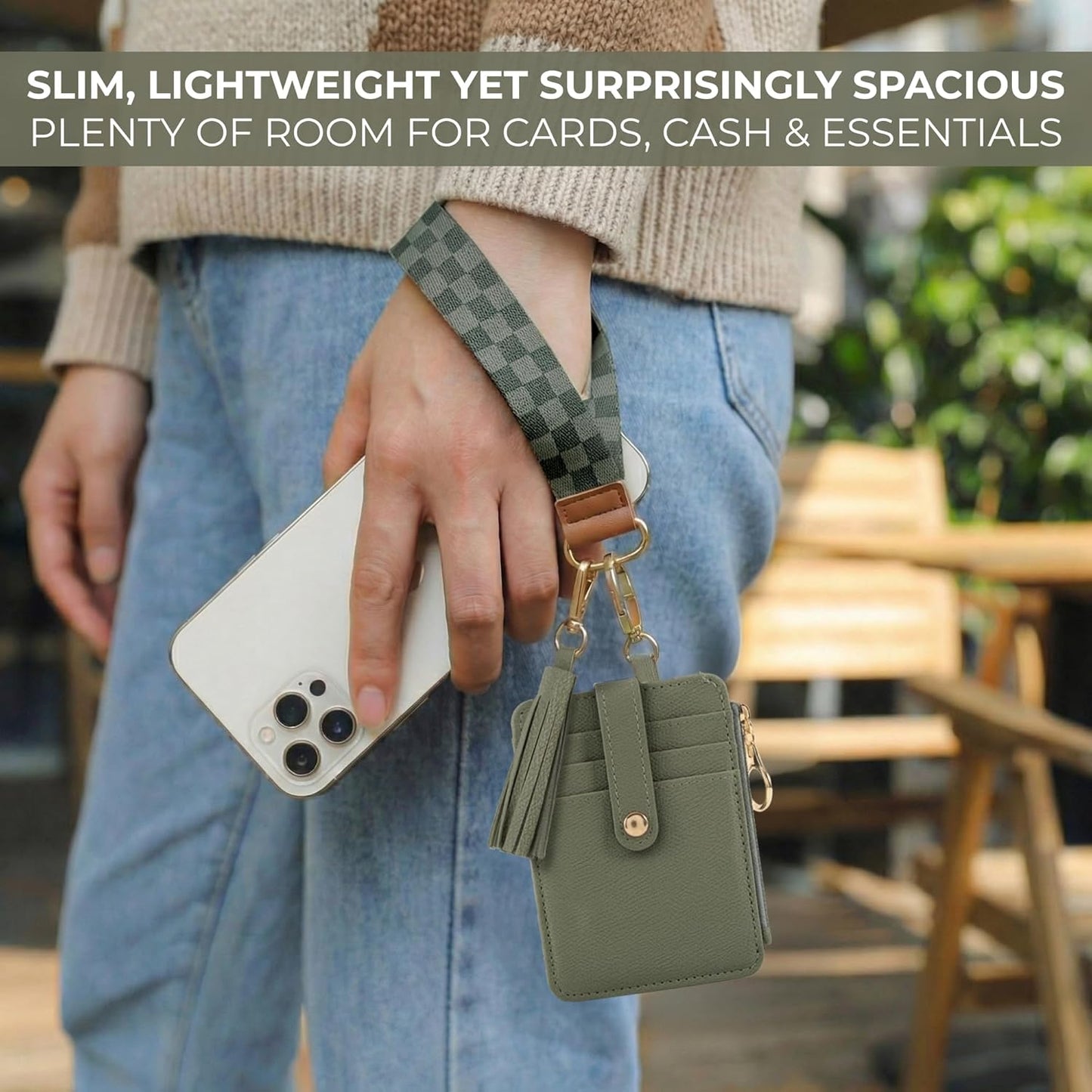 Stylish Wristlet Keychain Wallet for Women - Slim Design Credit Card Holder w/ Plenty of Storage incl. Clear ID Window & Zipper Pocket - Easy Carry RFID Blocking Wallet w/ Tassel, Lanyard & Gold Rings