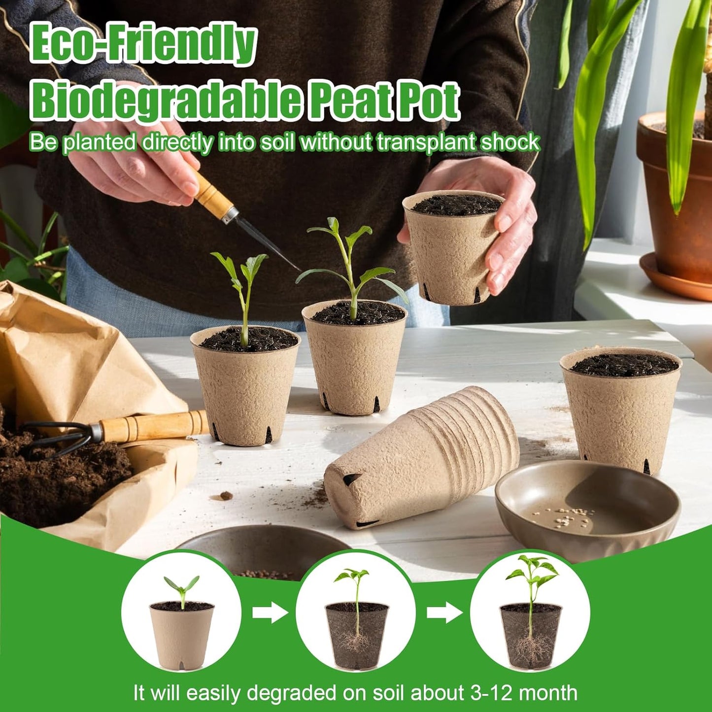 130 Pcs 3.15 Inch Peat Pots,Seed Starting Pots with Drainage Holes Round Plant Seedling Pot,Garden Germination Nursery Pot wit 30 Plant Labels, 2 Transplant Tools.