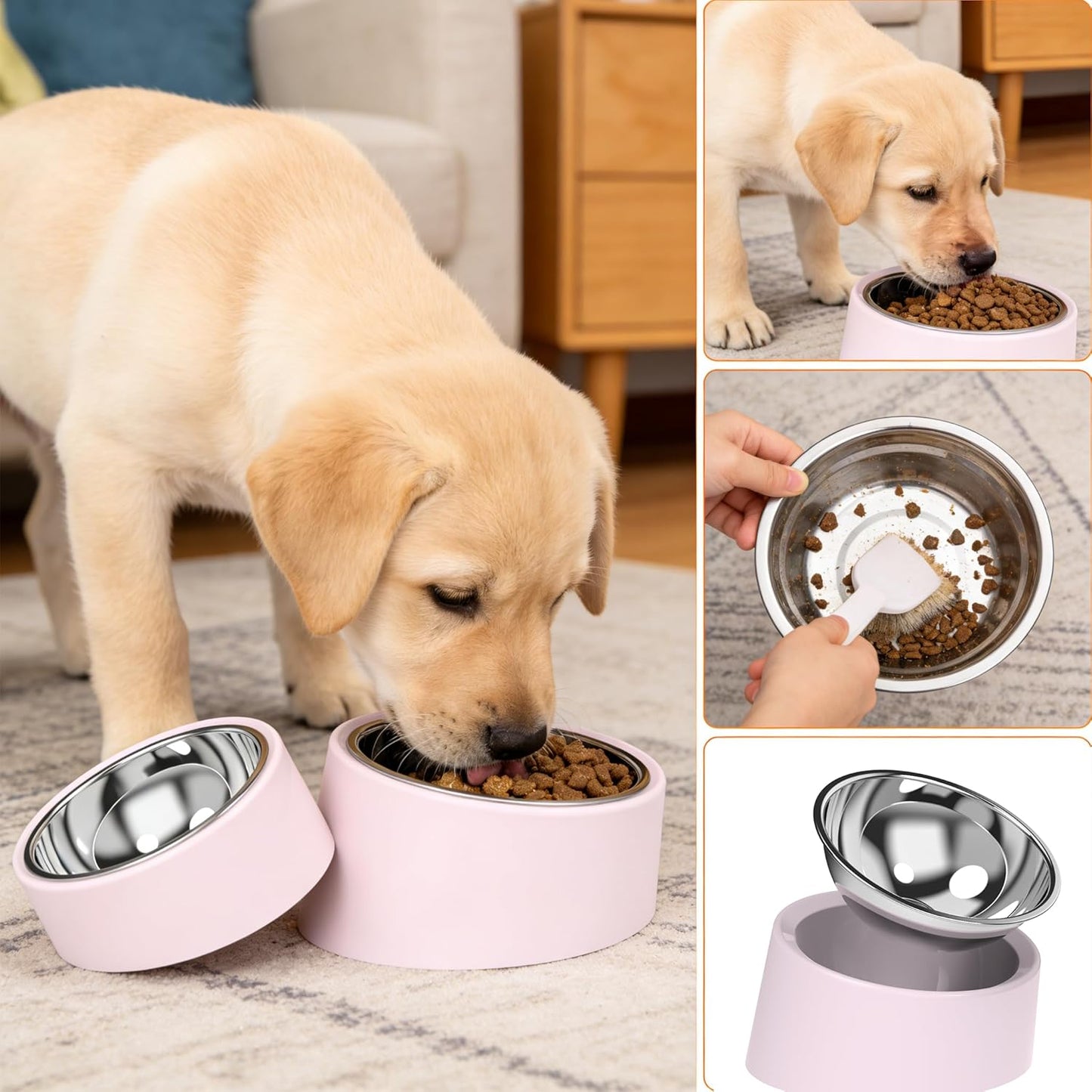 Tilted Slow Feeder 15° Elevated Non-Slip, BPA-Free Vet-Recommended Easy Clean Water Dish for Small Pets (Pink)