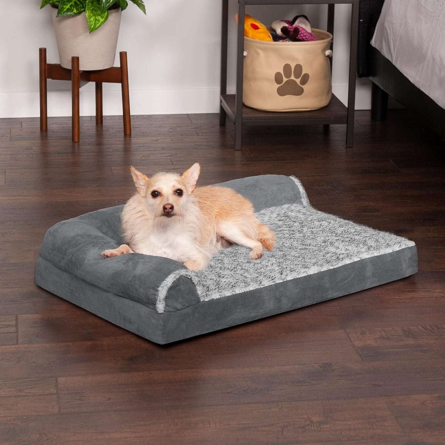 Furhaven Dog Bed L-Chaise Stone Gray, Medium W/Same Size Waterproof Liner