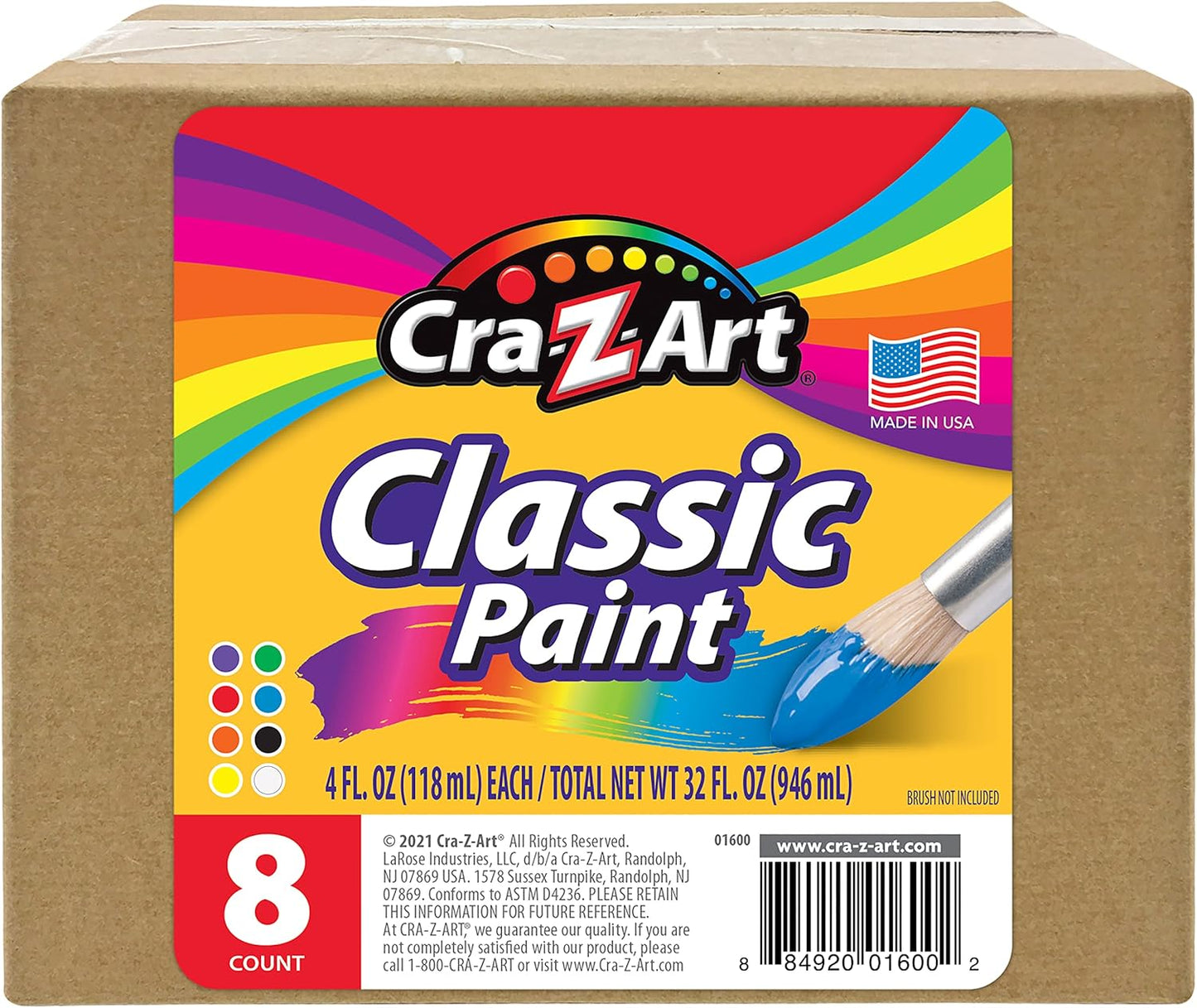 Cra-Z-Art Washable Classic Paint Bulk Pack 8ct, Assorted Colors 4oz each bottle, 32oz