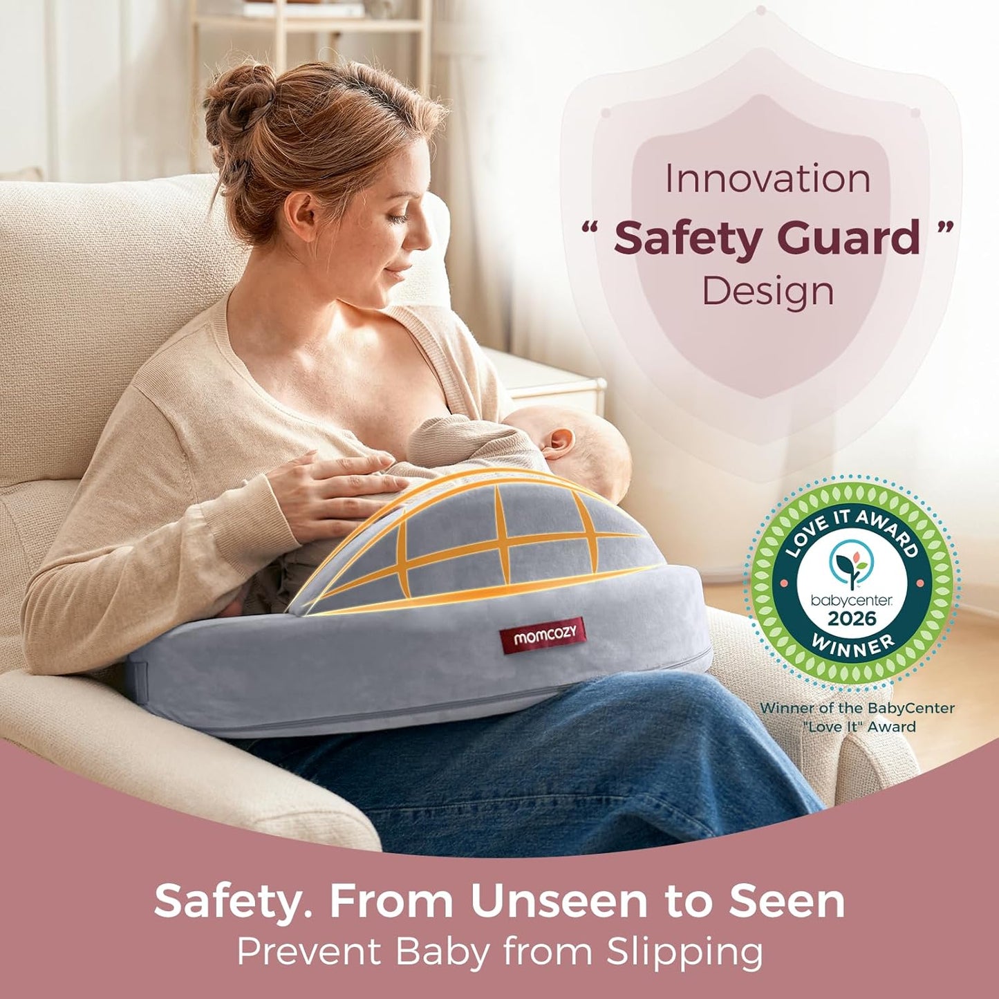 Momcozy Innovative Safety Guard Nursing Pillow - Firm & Springy Memory Foam - Stable, Ergonomic Support & Comfort - Wider Breastfeeding Cushion, Adjustable, Removable Cover, Baby Safety Certified