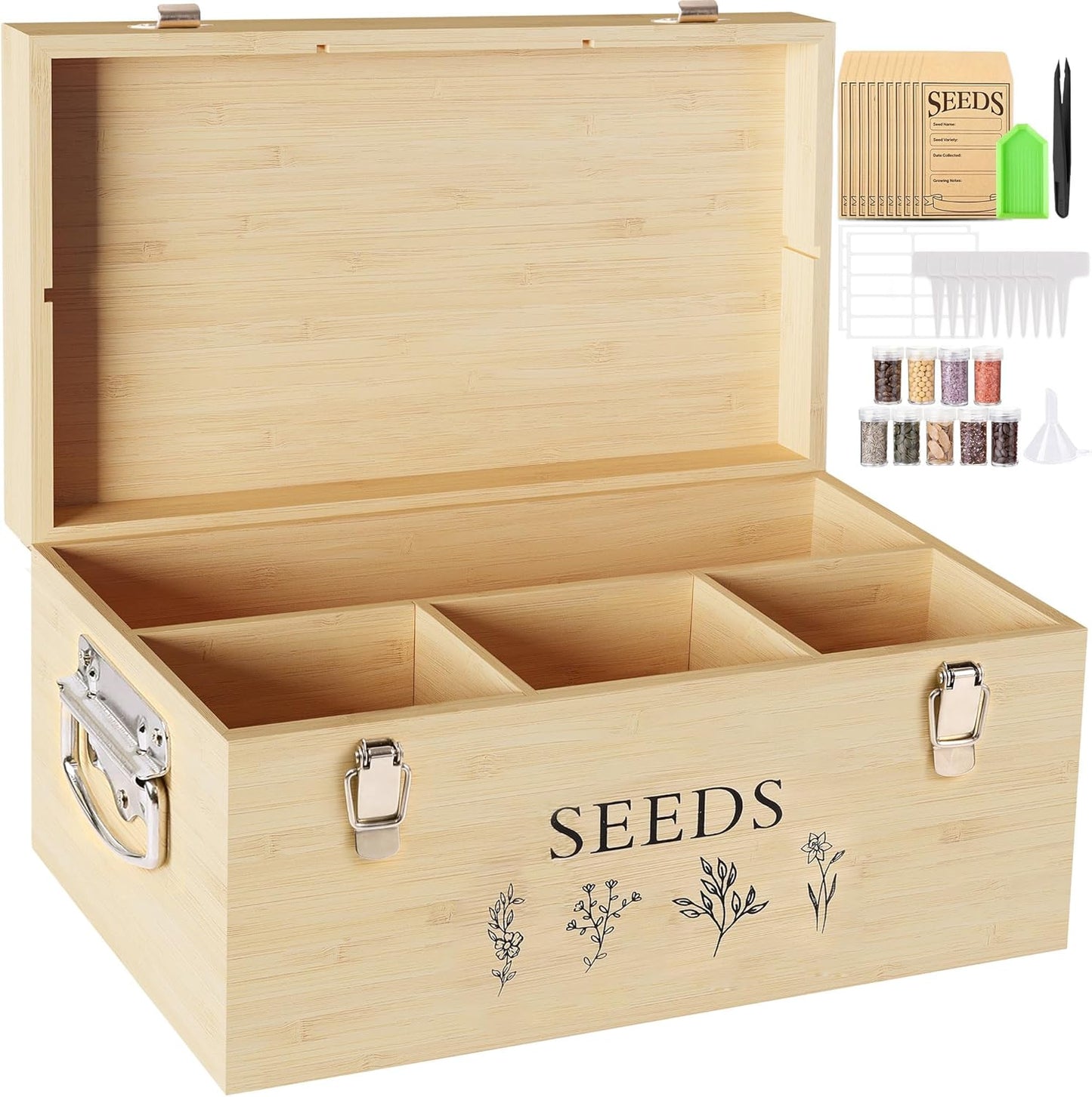 Bamboo Seed Storage Organizer, Large Garden Seed Organizer with Lid & Safety Lock & Handles, Seed Box Storage Organizer Includes Seed Envelopes and Labels etc, Great Gifts Gardening Kit (Wood)