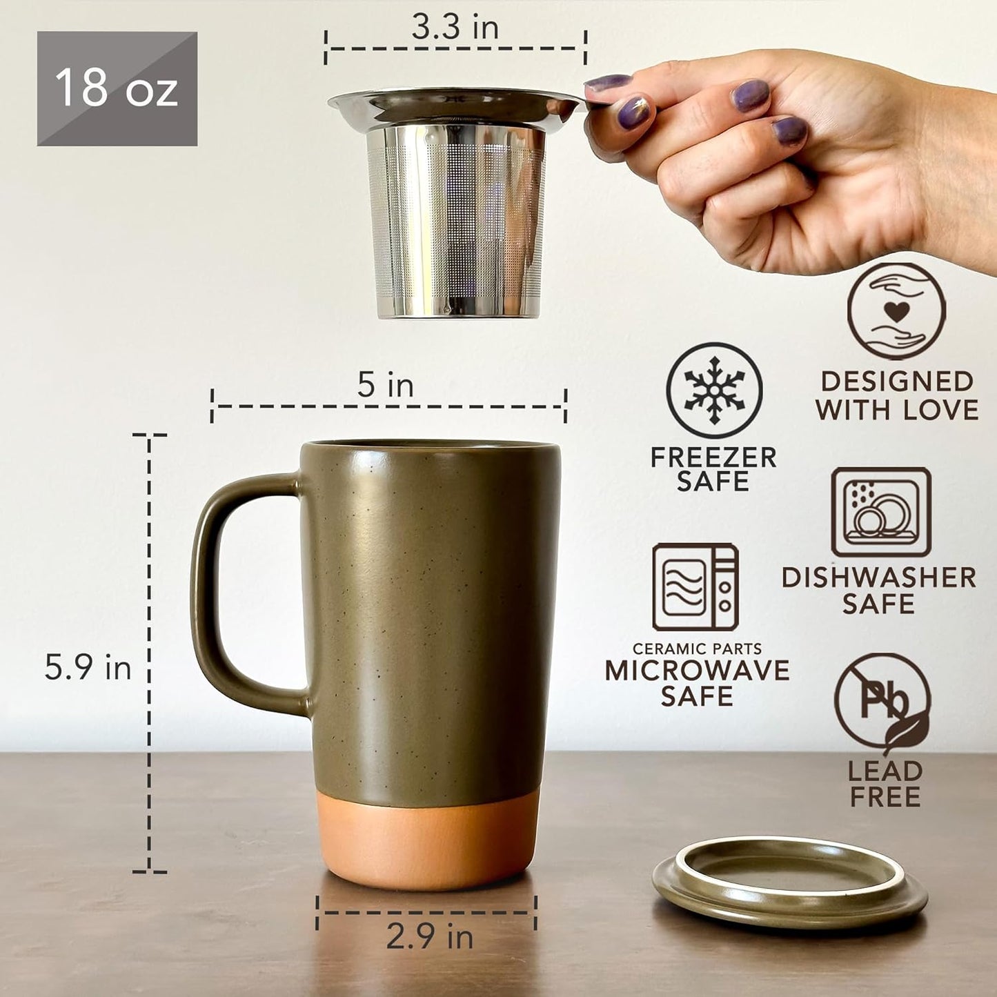 Mora Ceramics Large Tea Mug with Loose Leaf Infuser and Ceramic Lid, 18 oz, Portable, Microwave and Dishwasher Safe, Tall Coffee Cup - Rustic Matte Ceramic Glaze, Modern Herbal Tea Strainer, Olive