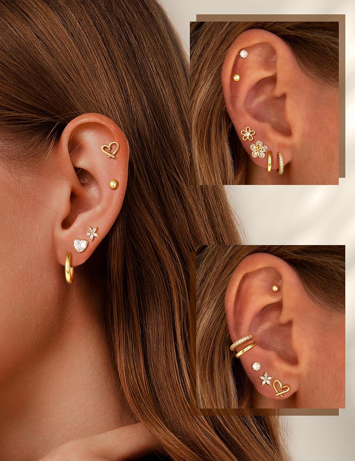 Small Gold Stud Earrings Set for Women - 14K Gold Plated CZ Huggie Hoops Hypoallergenic Earrings Dainty Flower Heart Stud Earrings for Jewelry Gift