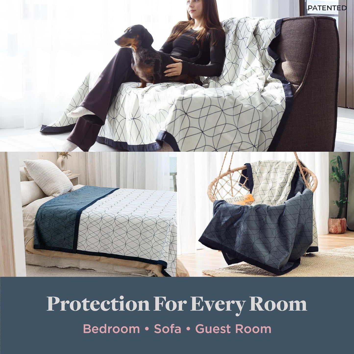 Waterproof King Size Blanket for Bed – 108x90 Inch – Pet Hair Resistant Blanket for Small to Large Dogs – Washable, Leakproof, Reversible Bedspread for Bed Protection – Blue/White