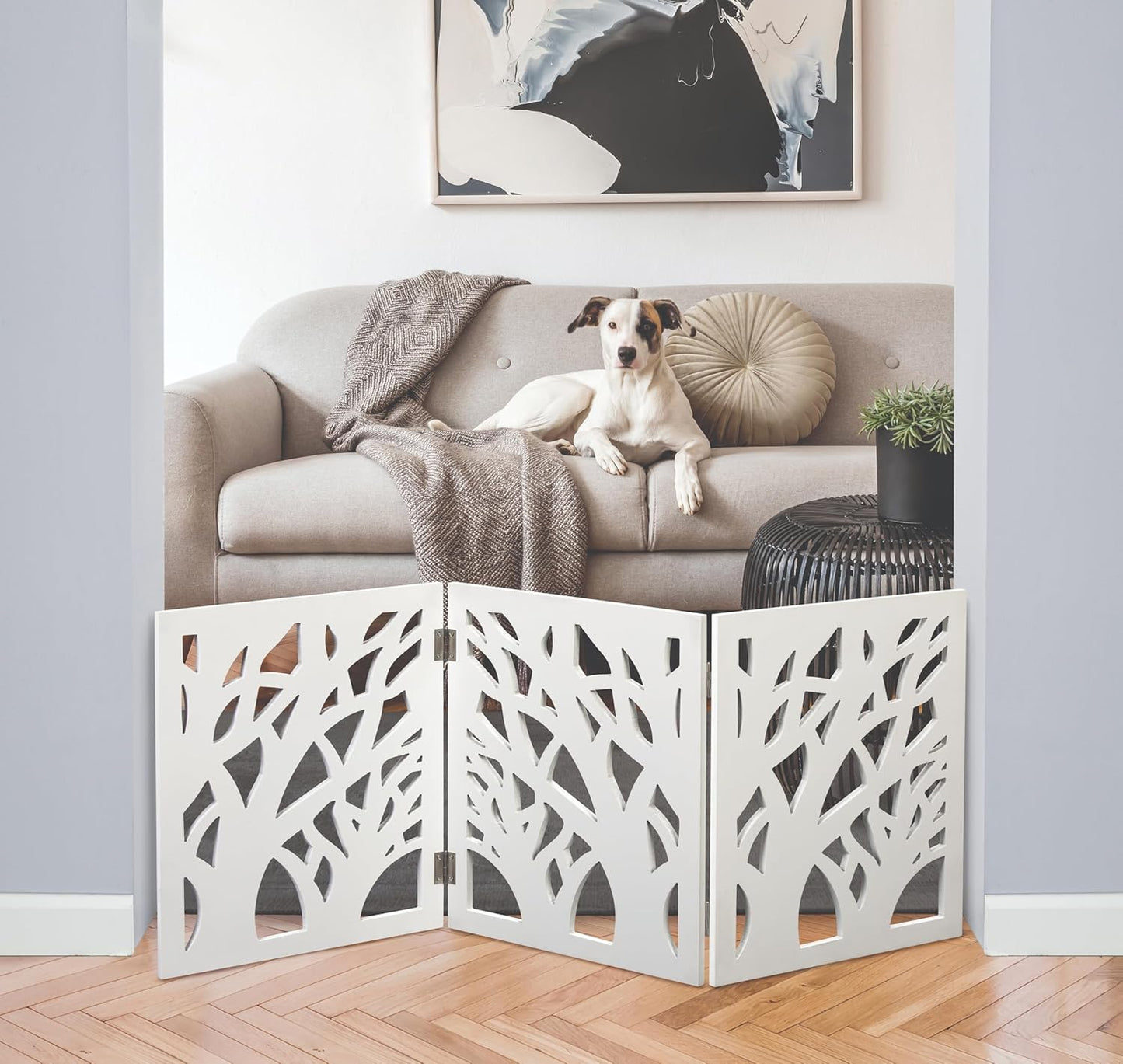 Safety Pet Gate for Dogs – Free-Standing & Foldable - Decorative Scroll Wooden Fence Barrier – Stairs & Doorways (White)