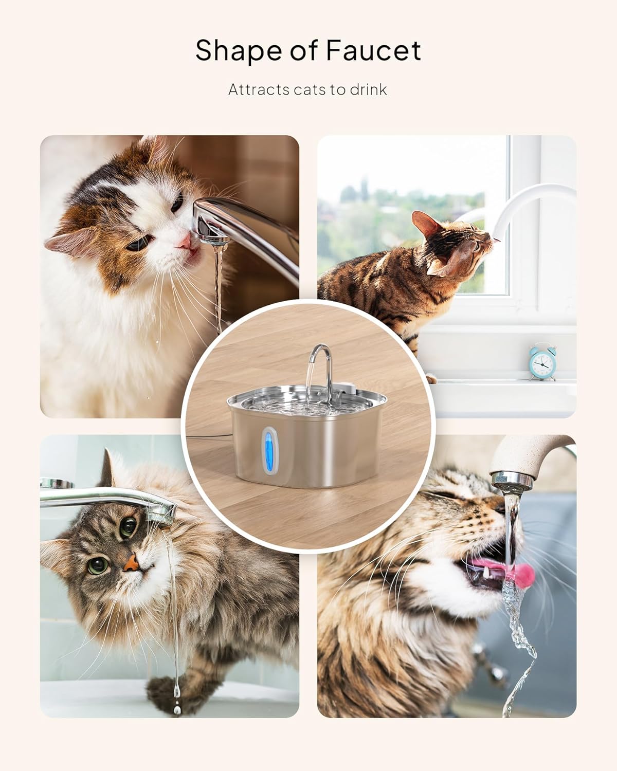 PEKTACO Stainless Steel Cat Water Fountain, 3.2L/108oz Cat Water Dispenser with Quiet Water Pump, Dishwasher Safe Pet Drinking Fountain for Cats