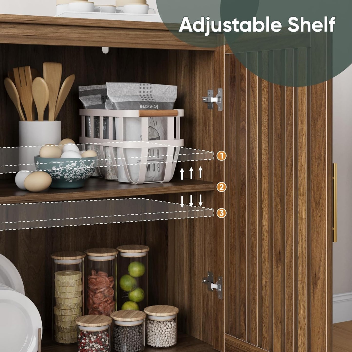 Sideboard Cabinet, 31.5" W Farmhouse Buffet Cabinet with Slatted Doors & Adjustable Shelf, Wood Coffee Bar Storage Station for Kitchen, Dining Room, Living Room, Entryway, Walnut Color
