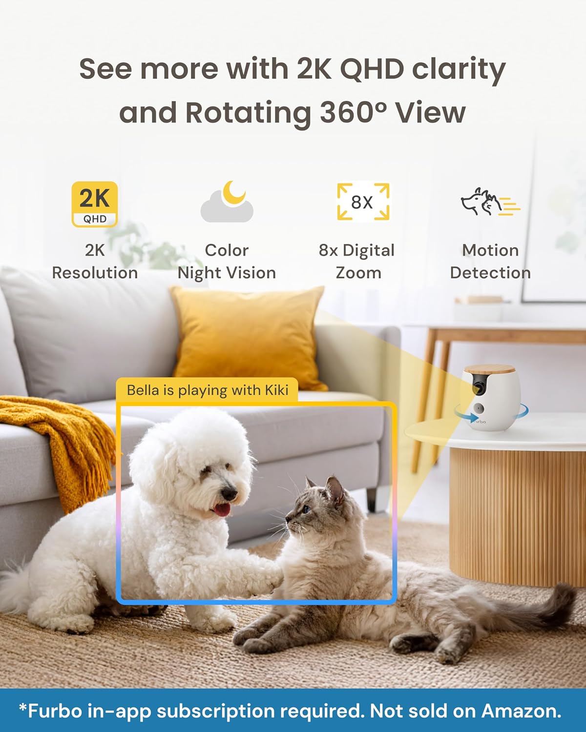 Furbo Mini 360° [Subscription Required] New 2K QHD Pet Camera - Unlock w/Paid Plan: Dog & Cat Safety Alerts, Rotating Treat Toss, 2-Way Speaker (Low Risk, 3mo Min. Cancel Anytime)