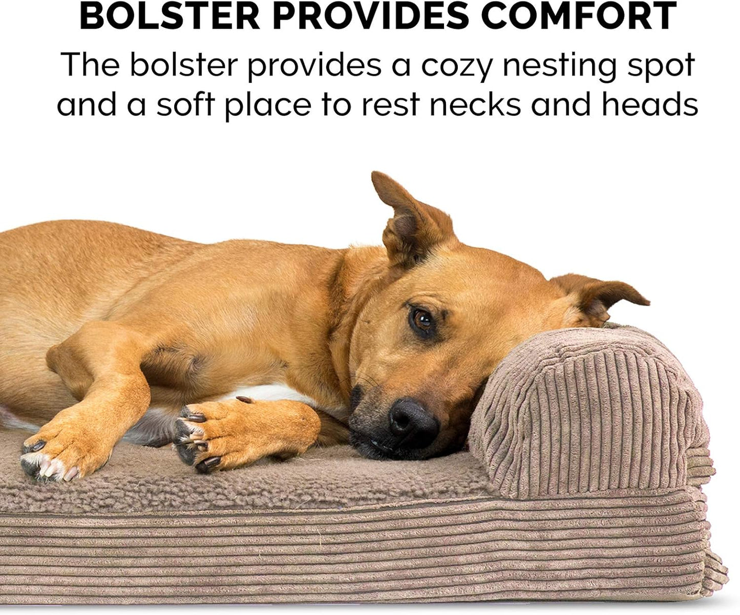 Furhaven Orthopedic Dog Bed for Large Dogs w/ Removable Bolster & Washable Cover, For Dogs Up to 125 lbs - Fleece & Corduroy Bolster Chaise - Sandstone, Jumbo Plus/XXL