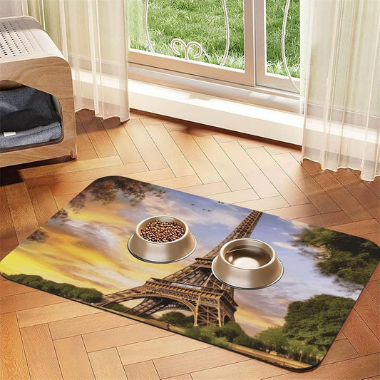 Eiffel Tower Paris Pet Feeding Mat 40x60cm Absorbent Leather Dog Cat Food Mats Non-Slip Dog Bowl Mats for Food and Water, Quick Dry Pets Placemats for Cats and Dogs Water Bowl