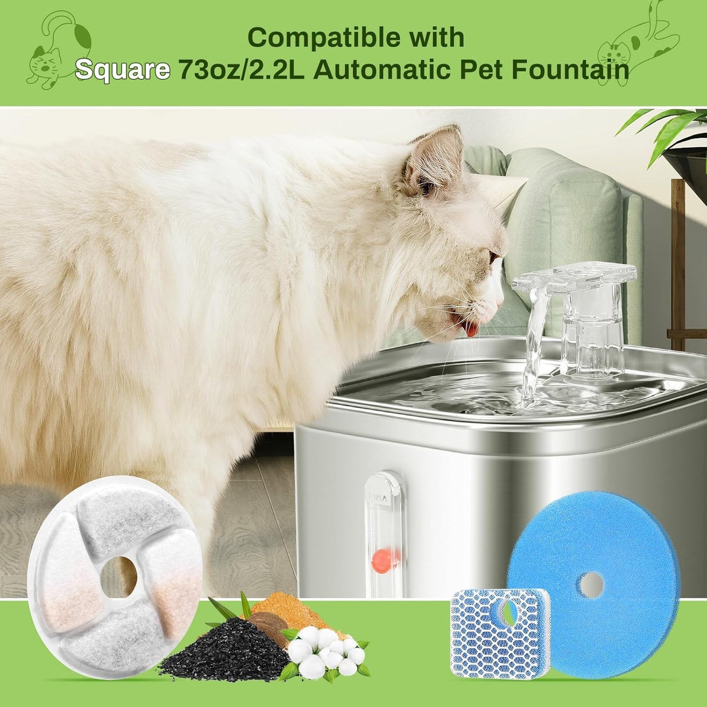 10 Pack Cat Fountain Filter Replacement for Square 2.2L/73oz Automatic Pet Water Fountain, Stainless Steel Cat Water Fountain Filters, Triple Filtration System, Activated Carbon Filters