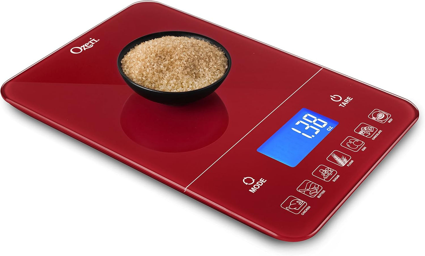 Ozeri Touch III 22 lb (10 kg) Digital Kitchen Scale with Calorie Counter in Tempered Glass, Red Engine