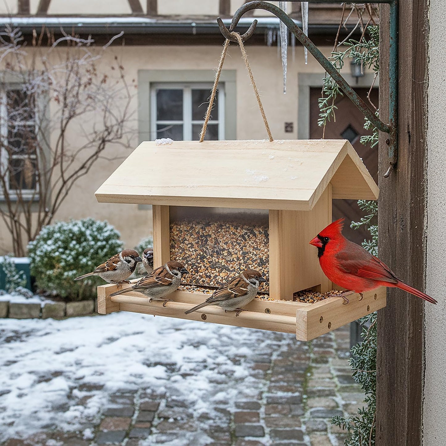 Hanging Wooden Bird Feeder Outdoor Large Capacity Wood Birdfeeder for Feeding Outside Garden Wild Birds Finches Robin Sparrow Blue Jay Chickadees