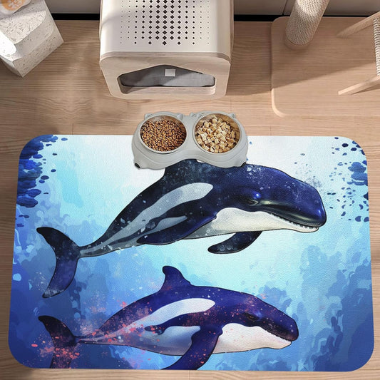 Pet Feeding Mat Leather Dog Food Mat Waterproof Pet Tablecloth Orca Killer Whale Pet Placemat for Dogs Absorbent Dog Bowl Mat Anti-Slip Dogs Mats for Food and Water