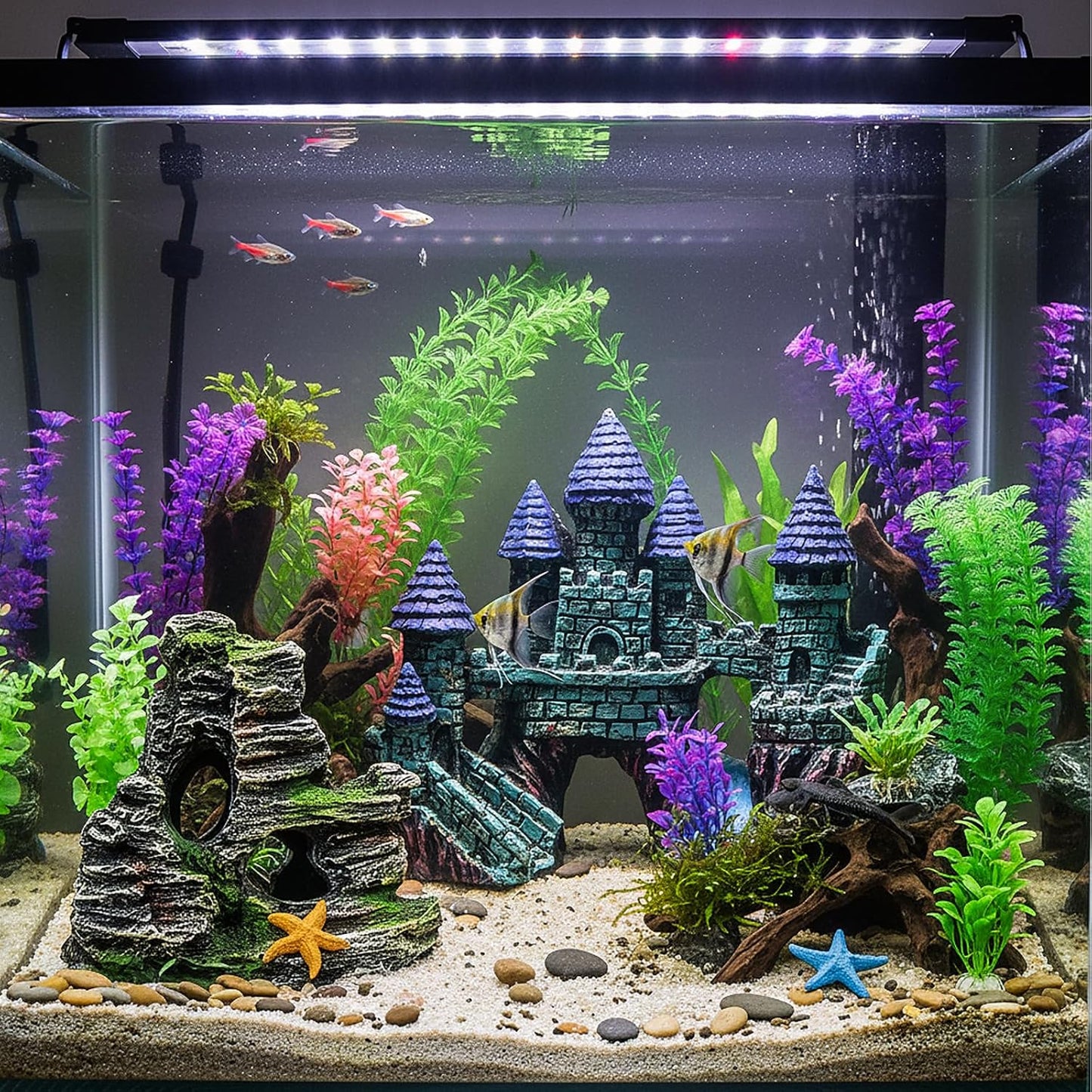 13 Pieces Aquarium Decorations Kit, Fish Tank Decorations Set Small Resin Castle and Rockery Betta Fish Cave Hideout Coral Artificial Plastic Plants Ornament Accessories