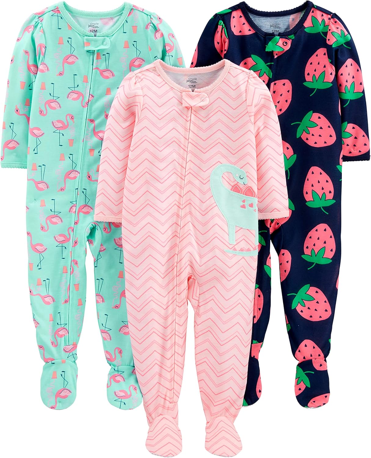 Simple Joys by Carter's Baby and Toddler Girls' 3 Pack Loose Fit Polyester Jersey Footed Pajamas