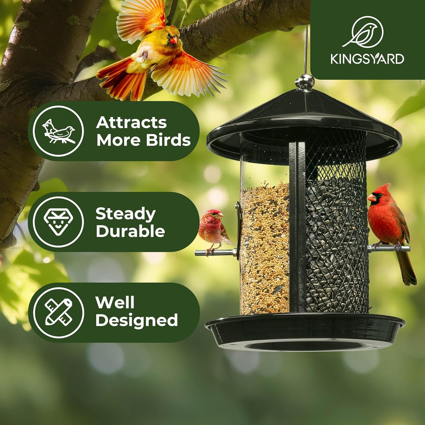 Kingsyard Metal Bird Feeder for Outdoor Hanging - Chew Proof Wild Bird Finch Cardinal Feeder with Dual Chamber of 4 lbs Capacity for Bluebird, Black